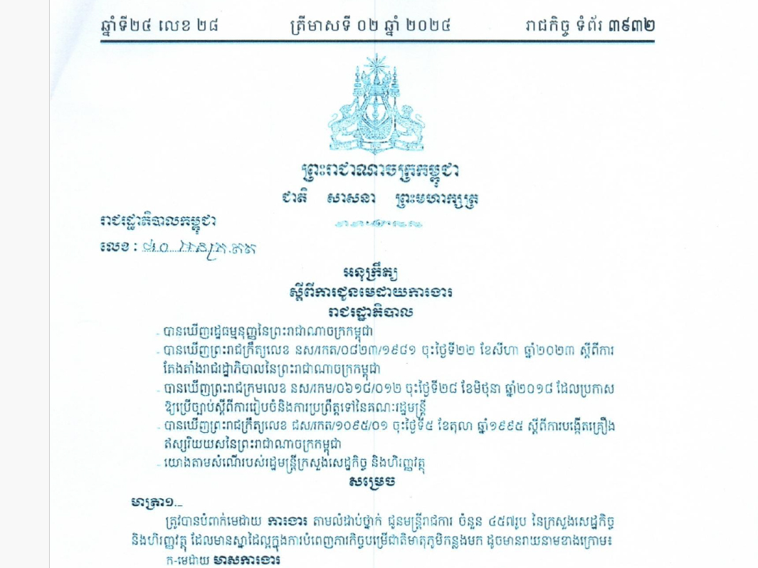 អនុក្រឹត្យលេខៈ៨០ អនក្រ.តត ចុះថ្ងៃទី៥ ខែកុម្ភៈ ឆ្នាំ២០២៤ ស្តីពីការជូនមេដាយការងារតាមលំដាប់ថ្នាក់ជូនមន្រ្តីរាជការ ចំនួន ៤៥៥ រូប នៃក្រសួងសេដ្ឋកិច្ច និងហិរញ្ញវត្ថុ ដែលមានស្នាដៃល្អក្នុងការបំពេញភារិកច្ចបម្រើជាតិមាតុភូមិកន្លងមក